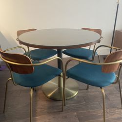 West Elm's Orbit Restaurant Dining Table - Wood - Round - 36”Diameter Bronze/Brass With Glass Table Cover Included