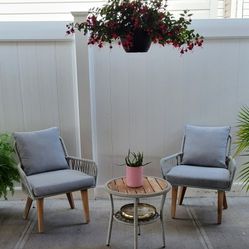 3
PIECE WICKER BISTRO
PATIO SET WITH TABLE
CHAIRS AND CUSHIONS
SET