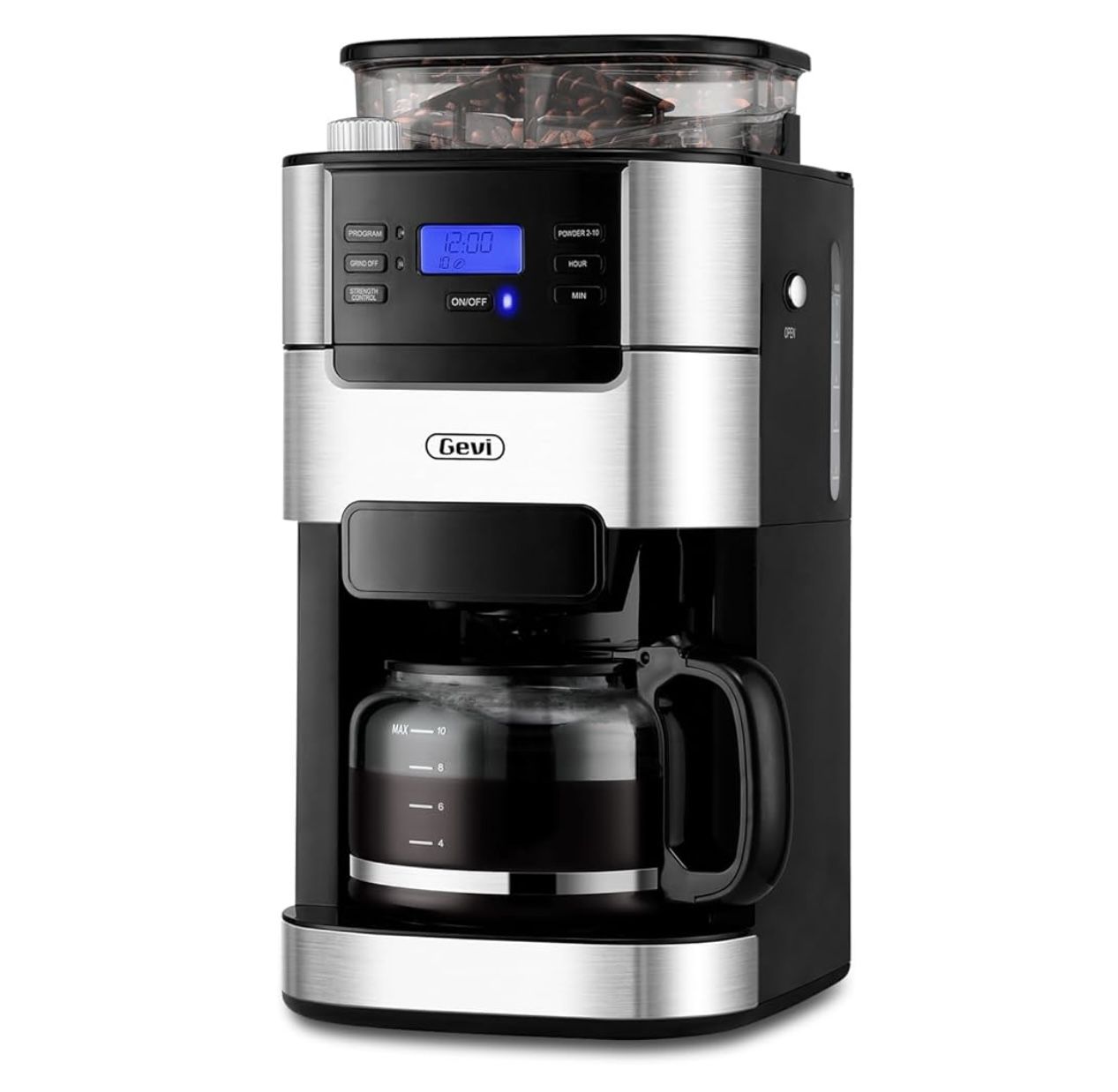 Gevi 10-Cup Drip Coffee Maker with Built-in Grinder, Programmable Brew Coffee Machine with Timer, Reusable Filter, 1.5L Water Tank, Coffee Pot, Warmin