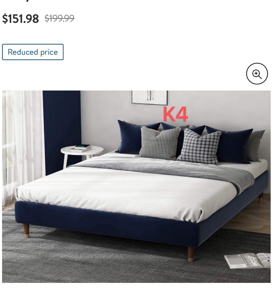 K4 King Size Velvet Upholstered Platform Bed Frame with Wood Slat Support, Navy Blue