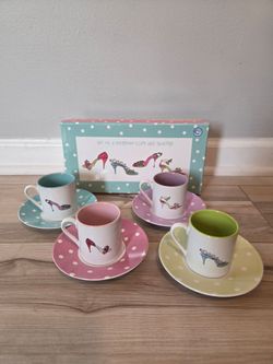 Set of 4 Espresso Cups & Saucers w/ Shoe Design