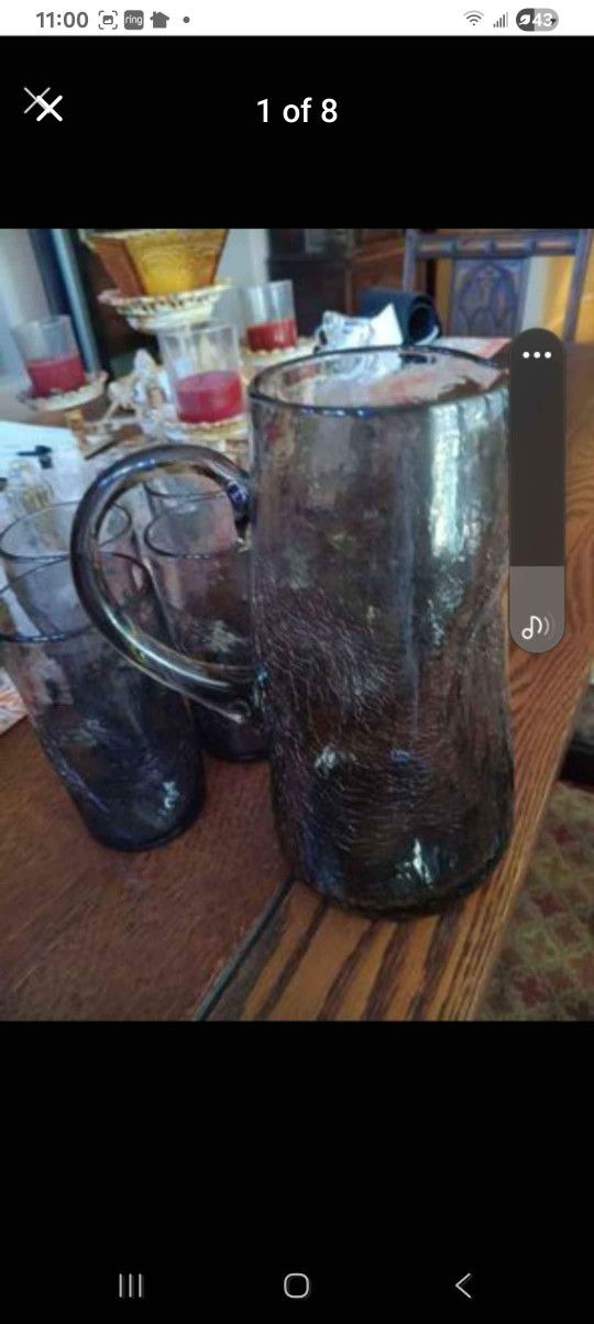 $49 Dimpled Pinched Pitcher and Glasses Set of 9. Purple Tinge, All in Perfect Condition 