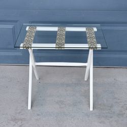 Vintage Style Folding Side Table w/ Glass Top • White Wood Luggage Rack Table