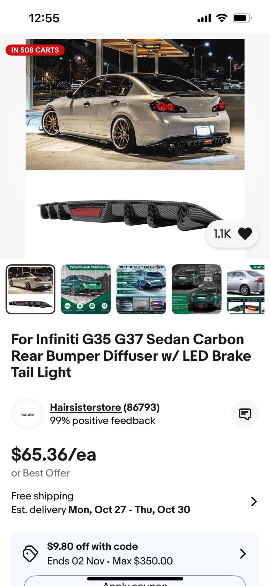 Infiniti G35 G37 Sedan Carbon Fiber Rear Bumper Diffuser w/ LED brake light