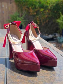 Burgundy Pearl Ankle Strap Platform Heels Size 6.5
