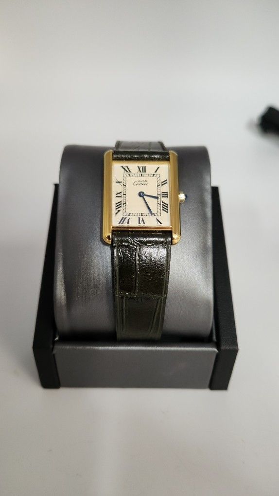 Cartier Quartz Vermeil Tank Yellow Dial Buckle Dark Green Leather Band 590005