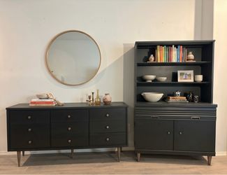 2pc Modern Vintage MCM Black Dresser & Hutch / Bookcase Set– delivery available