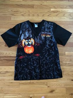 Looney Tunes Women’s Scrub Top Size S Black/Gray/Orange Taz Halloween