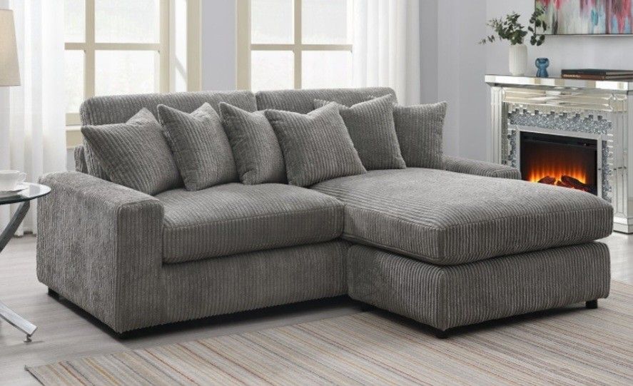 Brand New Grey Super Plush Corduroy Sectional Sofa (Pillows Included)