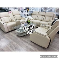 Beige Breathing Leather 3-Piece Living Room Recliner Sofa set ( Sofa + Loveseat + Chair )