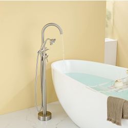 Tub Filler Freestanding Bathtub Faucet Brushed Nickel Floor Mounted Brass Bathroom Tub Faucets with Hand Shower