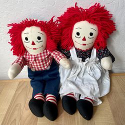 Vintage Maybe Homemade Raggedy Ann & Andy Plush 18” Dolls