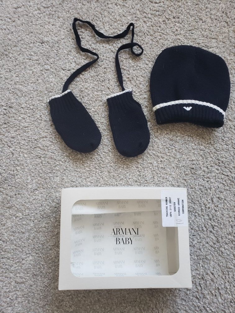 Georgio Armani baby hat and mittens