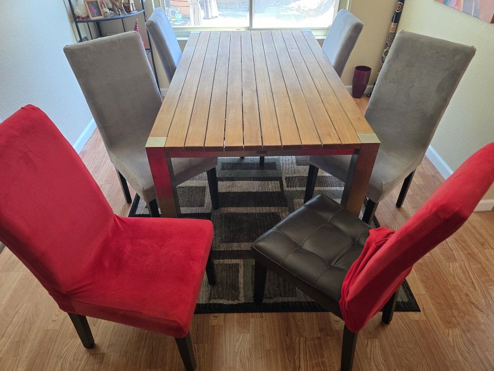 Teak & Stainless Steel Dining Table & 6 Chairs