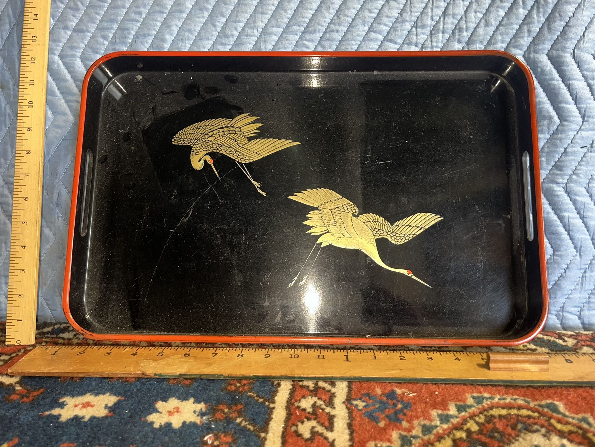 Vintage Japanese Handcrafted Lacquered Tray Crane Motif By Otagiri Original