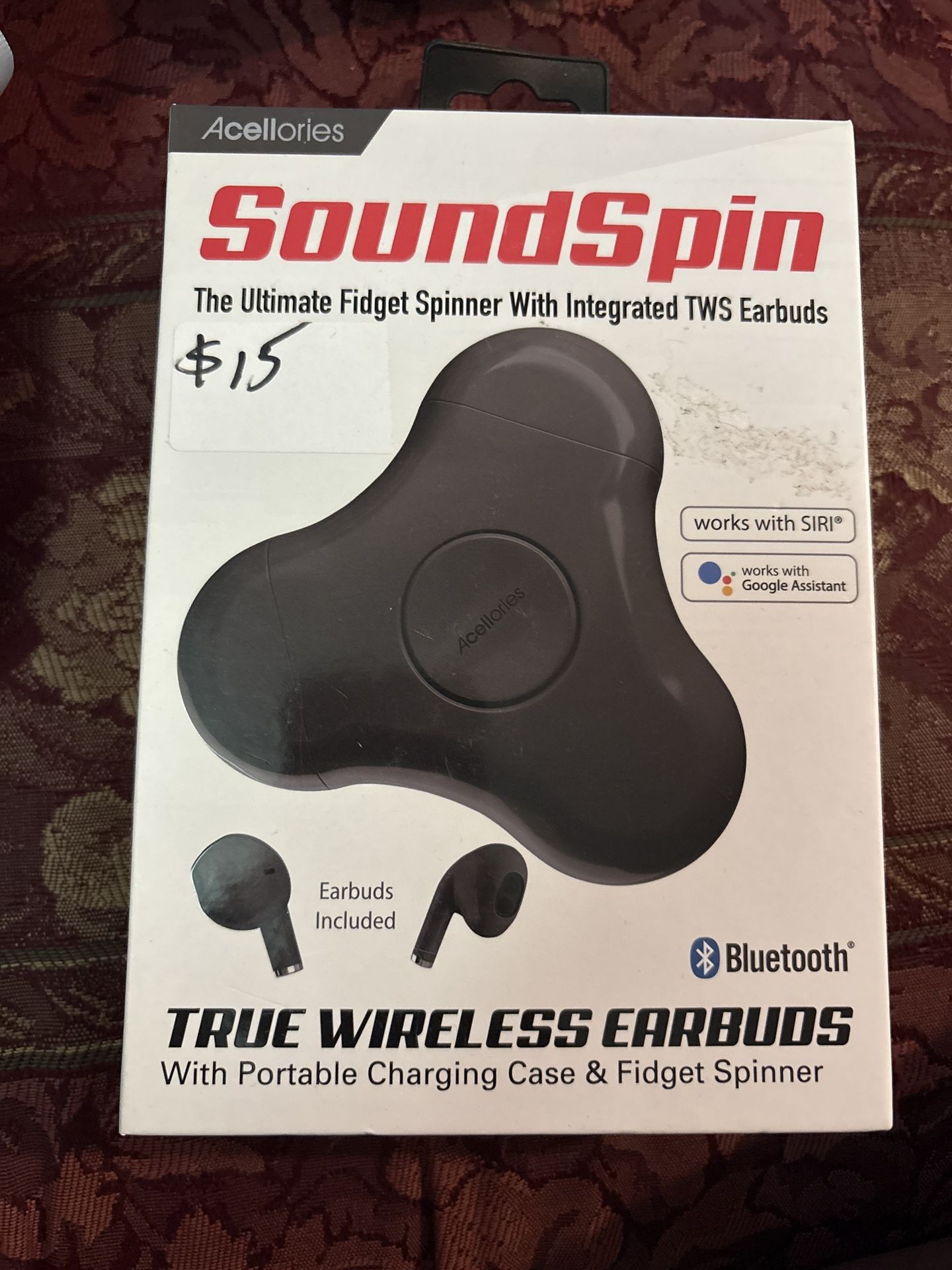 Acellaries Soundspin The Ultimate Fidget Spinner With Integrate TWS Earbuds True Wireless Earbuds with Portable Charging Case & Fidget Spinner Black 