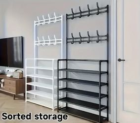 Sturdy Multi-Tier Metal Storage Rack with Hooks - Perfect for Bedroom & Entryway Organization, Available in Black/White