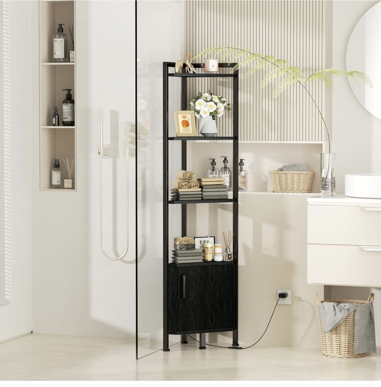 Standing Corner Shelf 5 Tier Black Oak With Storage