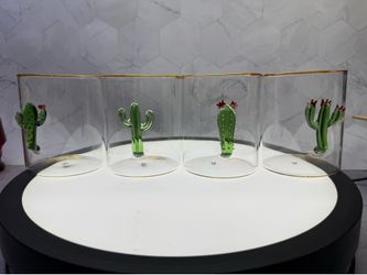 Set of (4) Gorgeous AZTEC CACTUS TUMBLERS Icon Drinking Glasses are perfect for Tex-Mex night. Each has a different cactus applied to the glass. Gold 