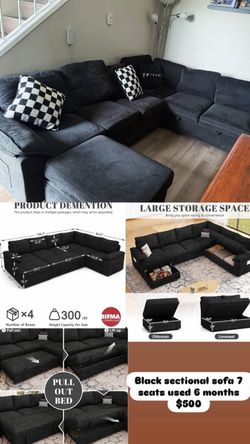 🖤 Beautiful black 7-Seat Sectional Sofa with Pull-Out Bed & Storage