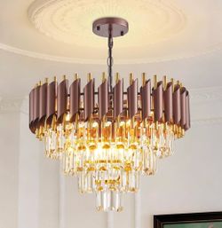 New 20" 4-Tier K9 Round Crystal Chandelier Coffee&Gold  7 Light Pendant Adjustable Height Dimmable