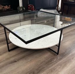 West Elm Glass & White Marble Coffee Table And Matching Side Table Set