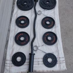 OLYMPIC CURL BAR / CLIPS/WEIGHTS 