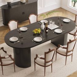 B798 $145  70.8 Inch Dining Table for 4-6, Oval Dining Room Table with Curved Fluted Wood Strip Base, Mid-Century Modern Kitchen Tables with Footpads,