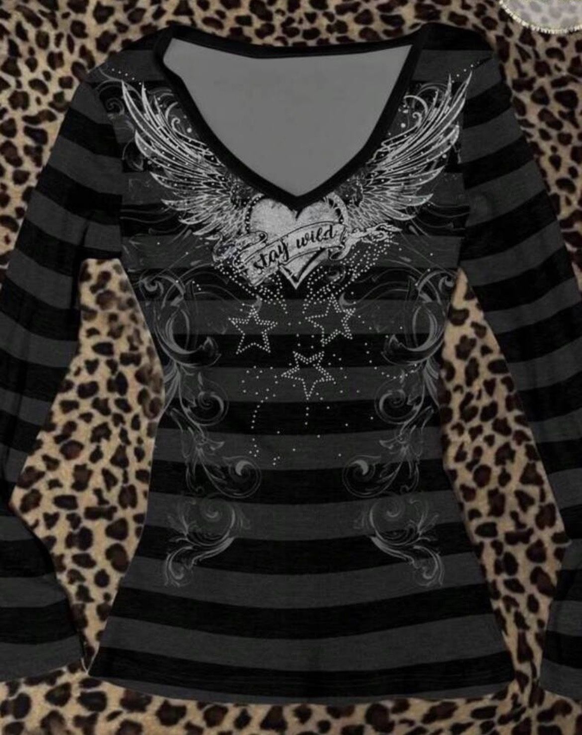 Glittered Blazed Striped Top Angel Wing Y2K