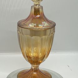 VTG JEANNETTE MARIGOLD ORANGE CARNIVAL GLASS COMPOTE CANDY JAR W LID  9.25” TALL