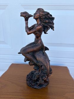 Bronze-Finish Resin Mermaid Figurine with Conch Shell