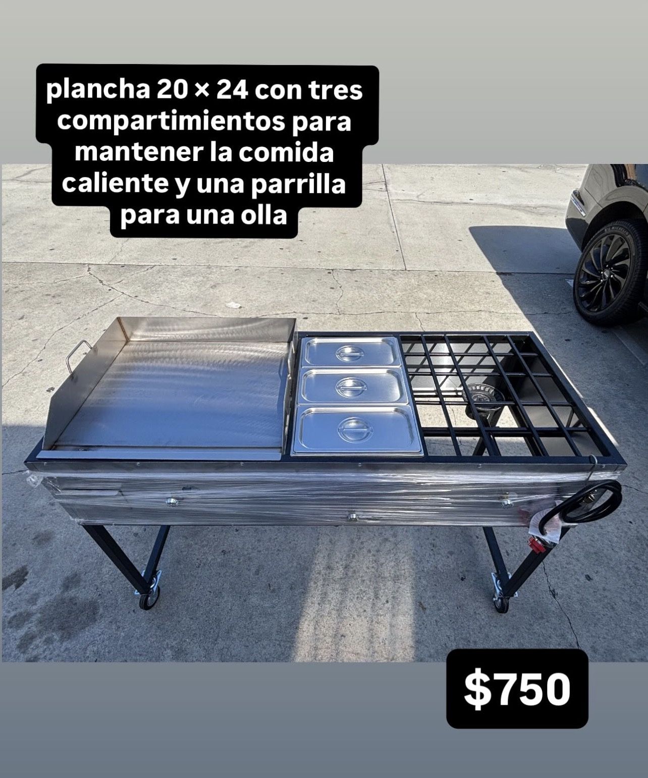 plancha 20 x 24 con tres compartimientos para mantener la comida caliente y una parrilla para una olla