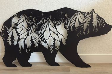 Large Laser-Cut Metal Bear Wall Art — Mountain Scene | 25x46