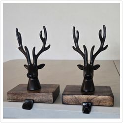 Holiday Time Wooden & Metal Reindeer Stocking Holders – Set of 2 (~7.5")
