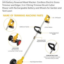 24V Battery Powered Weed Wacker: Cordless Electric Grass Trimmer and Edger, 3-in-1 String Trimmer Brush Cutter Mower with Rechargeable Battery and Whe