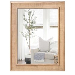 Tunjig Rattan Wall Mounted Mirror 24"x32" Wood Framed Farmhouse Hanging Bathroom Mirror Decorative Rectangle Wall Mirror Leaning Against for Bedroom