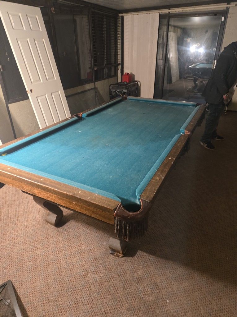 Pool Table With Balls And Cues