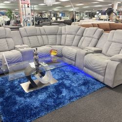 Light Gray L-shaped Microfiber Sectional Couch W/ Built-in LED Lights For Sale 
