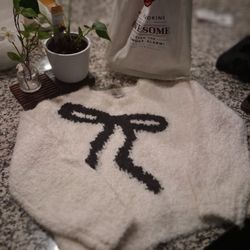 Cream Knit Sweater with Bow Design