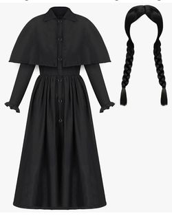 New 2 Pack Black Detective Coat Women Gothic Family Halloween Costume Long Straight Double Braided Wig with Bangs, Small, Wednesday