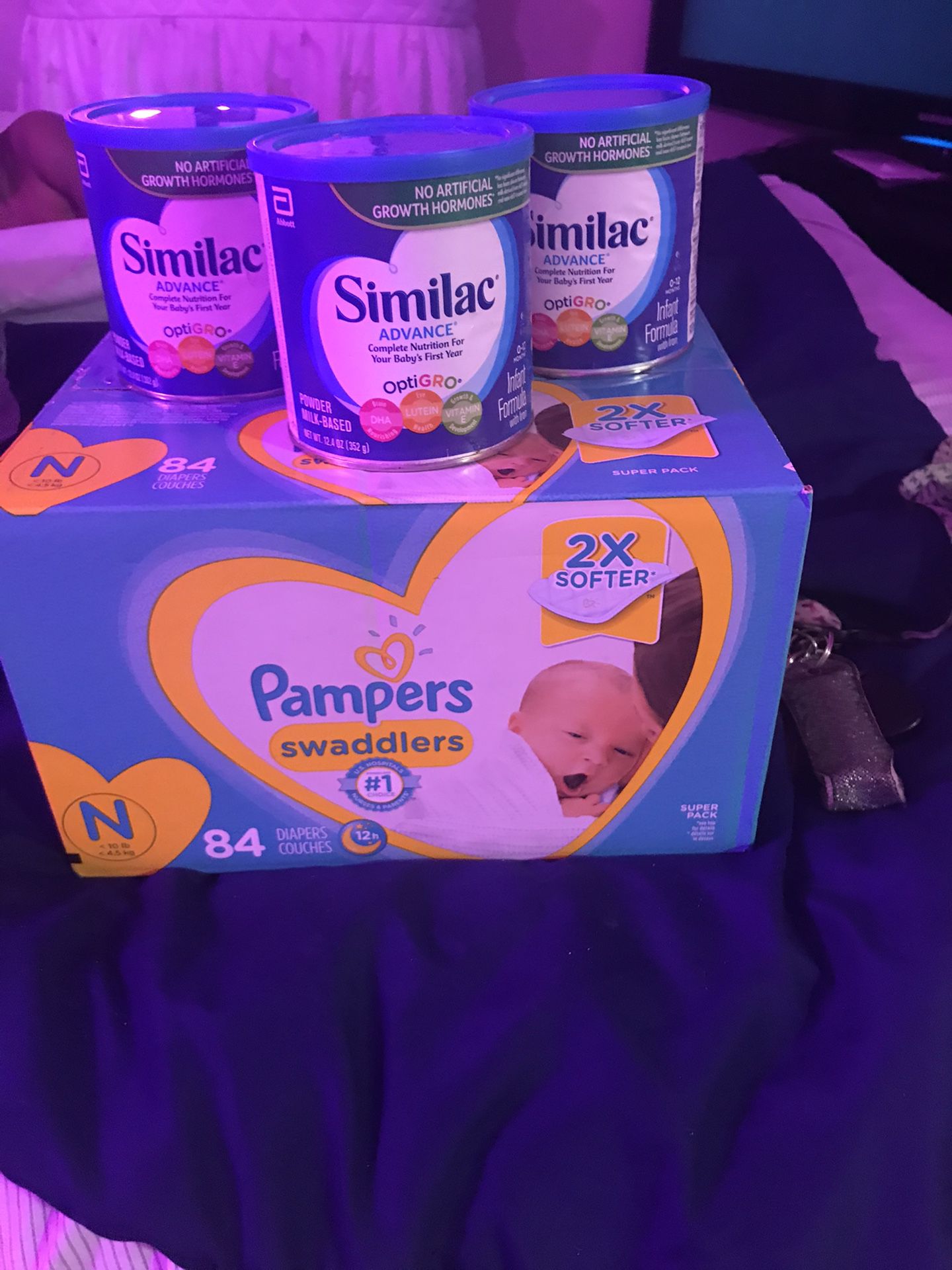 NewBorn Box Of Pampers & Blue Can Similac