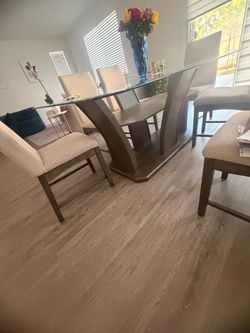 Glass Top Dining Table with Chairs and Bench