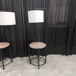 Black Metal Floor Lamp with Round Wood Table