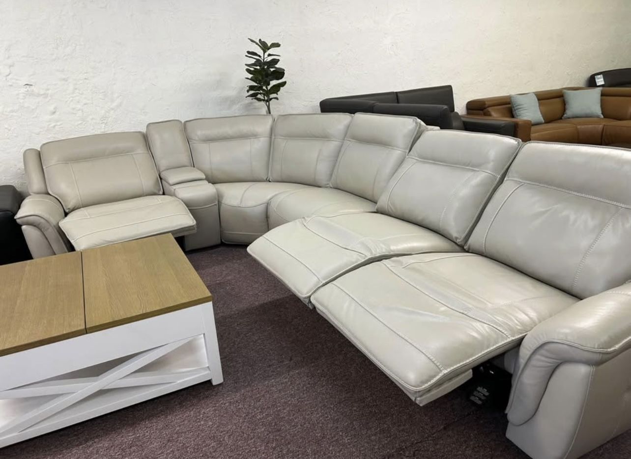 Furniture- 6 Pc 100% Real Semi Aniline Leather Sectional With 3 Power Recliners- Lenardo
