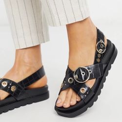 Stradivarius Black moc croc flat sandal Gold buckle. Shipped with USPS Priority Mail. New with tags. Please see photos and ask questions.