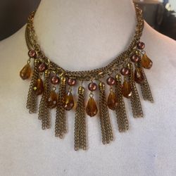 Vintage Robert Rose Bib with faceted amber crystal gold fringe