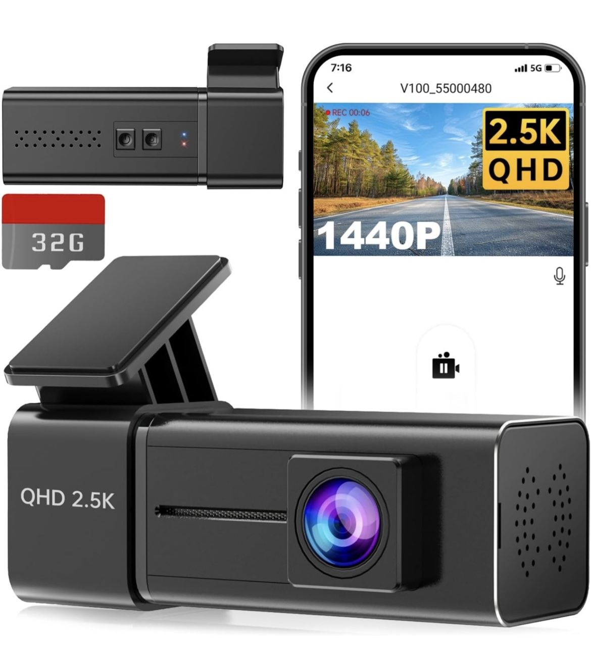 New In Box 2.5K 1440P Front DashCam for Cars,Mini WiFi Hidden with App,Night Vision,24H Parking Mode,G-Sensor,Loop Recording,Free 32G Card,Support 256