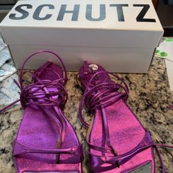 SCHUTZ Vikki Flat Bright Pink T-Strap Ankle Strap Lace up Open Toe Flat Sandal