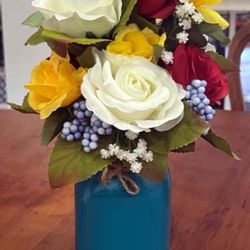 Red White Yellow Roses in Teal Chalk Painted Mason Jar centerpiece home decor