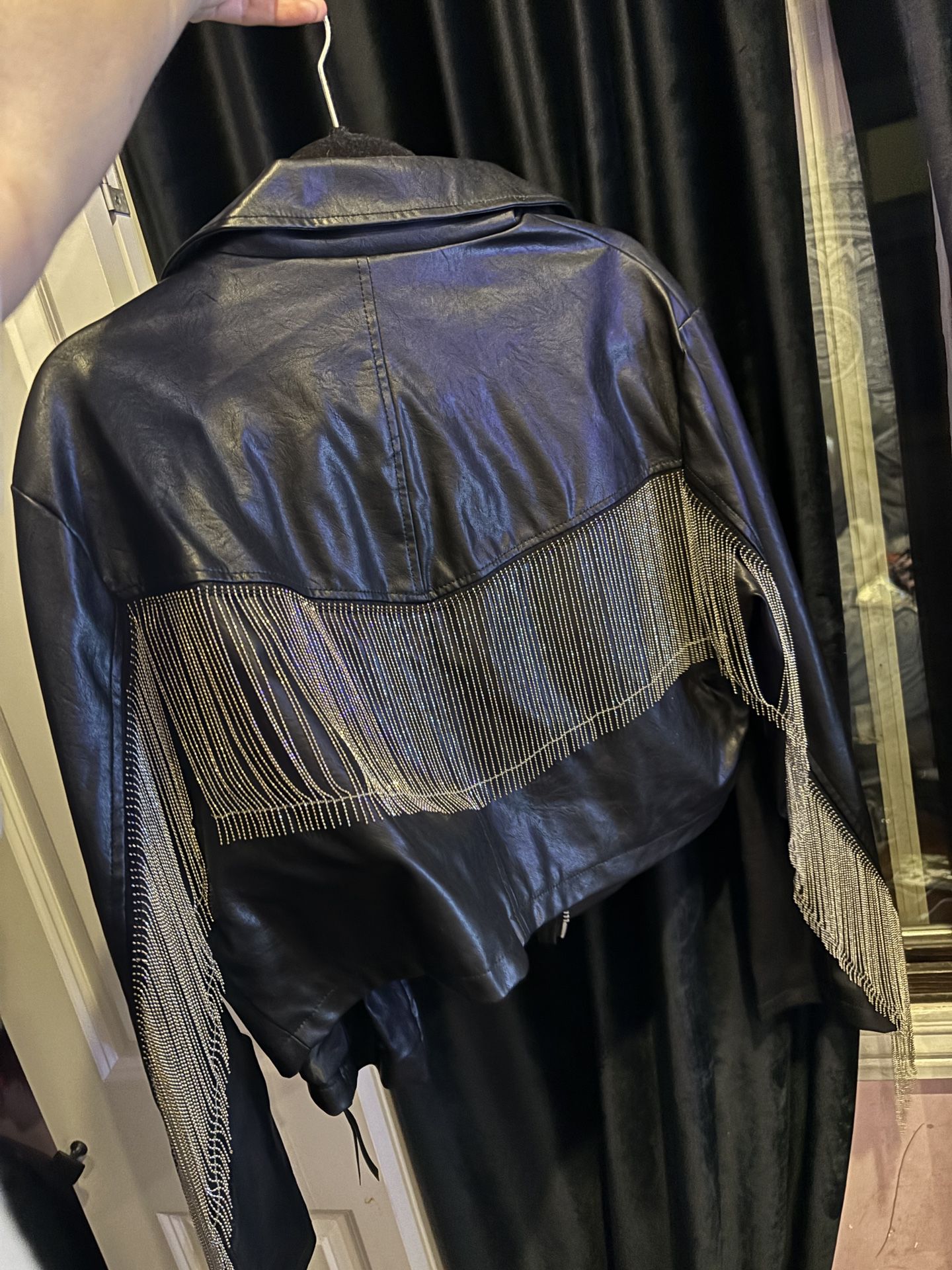 Leather Cowboy/moto Jacket With Silver Fringe 